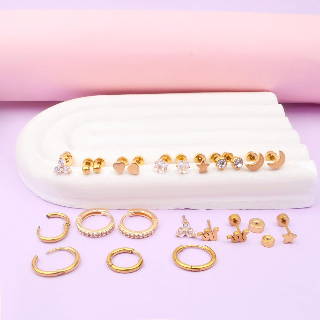 11 Pairs 0.8mm Hypoallergenic Flat Back Earrings Golden Surgical Steel Star Moon Earring Studs Huggie Hoop Cartilage Earrings Set for Women Earring Stacks Multiple Piercing Jewelry