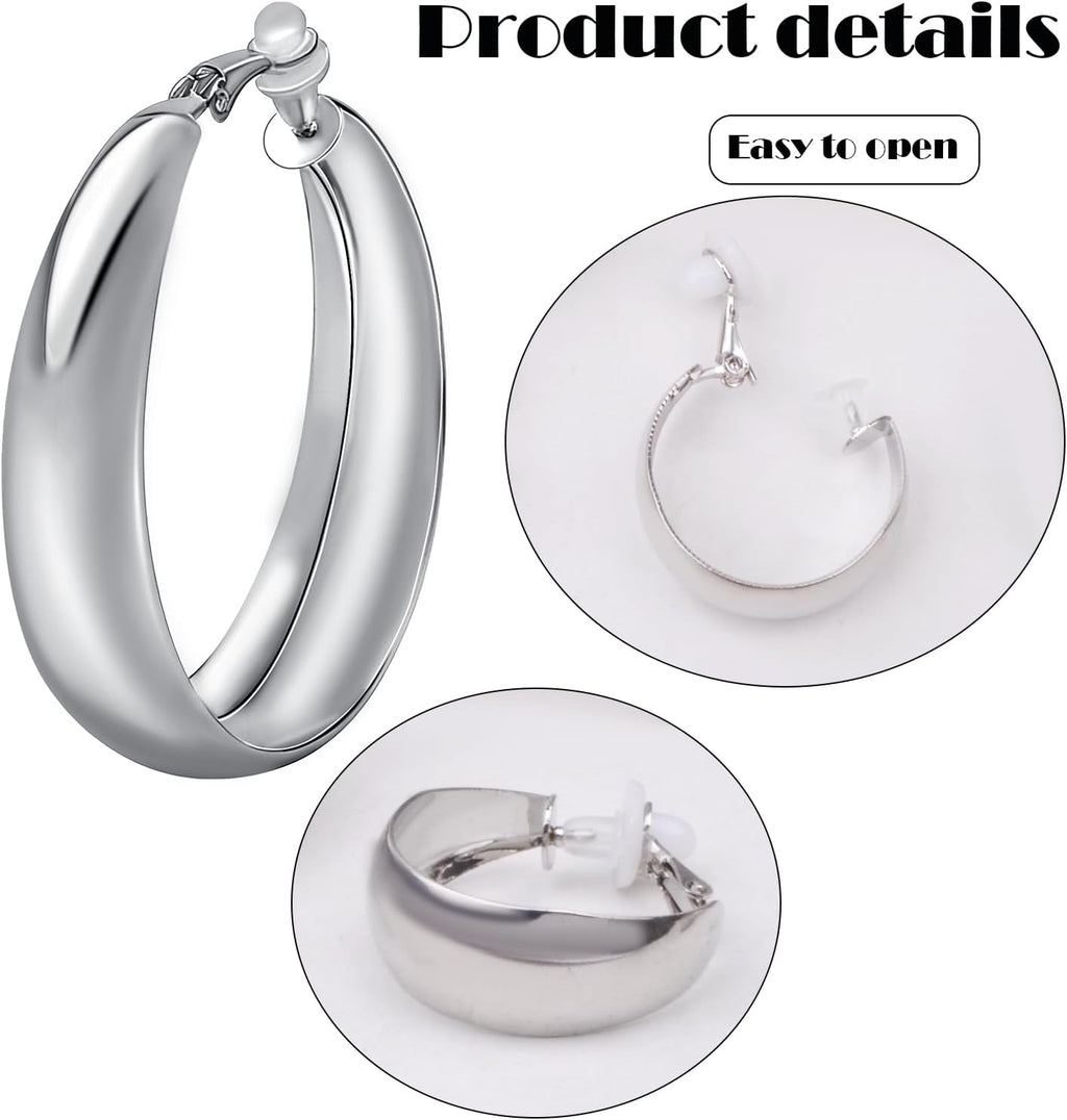 Silver Chunky Clip On Earrings, 3 Pairs, 3 Sizes | Hypoallergenic, C-shaped, No Piercing, Fake Circle Hoops, DIY Earrings Supplies