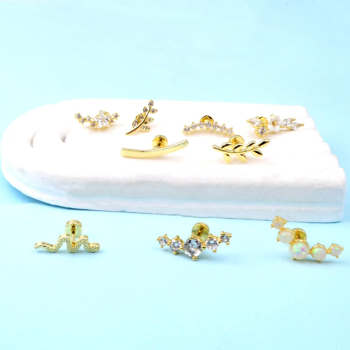9pcs Flat Back Cartilage Earrings for Women Helix Piercing Jewelry 16G 14K Stainless Steel Opal CZ Conch Daith Tragus Flower Snake Leaf Screw Flat Back Stud Earrings Set for Mother's Day