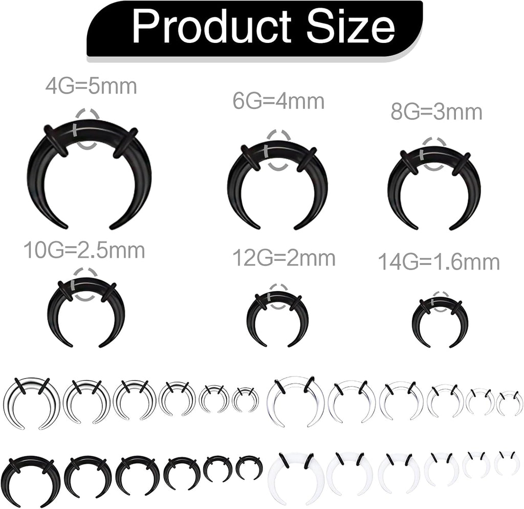 24pcs 14G-4G Acrylic Horseshoe Septum Rings Piercing Jewelry Pincher Tapers Stainless Steel C Shape Buffalo Stretcher Expander with Black O-Rings for Stretching Pierced Nose Ear Cartilage