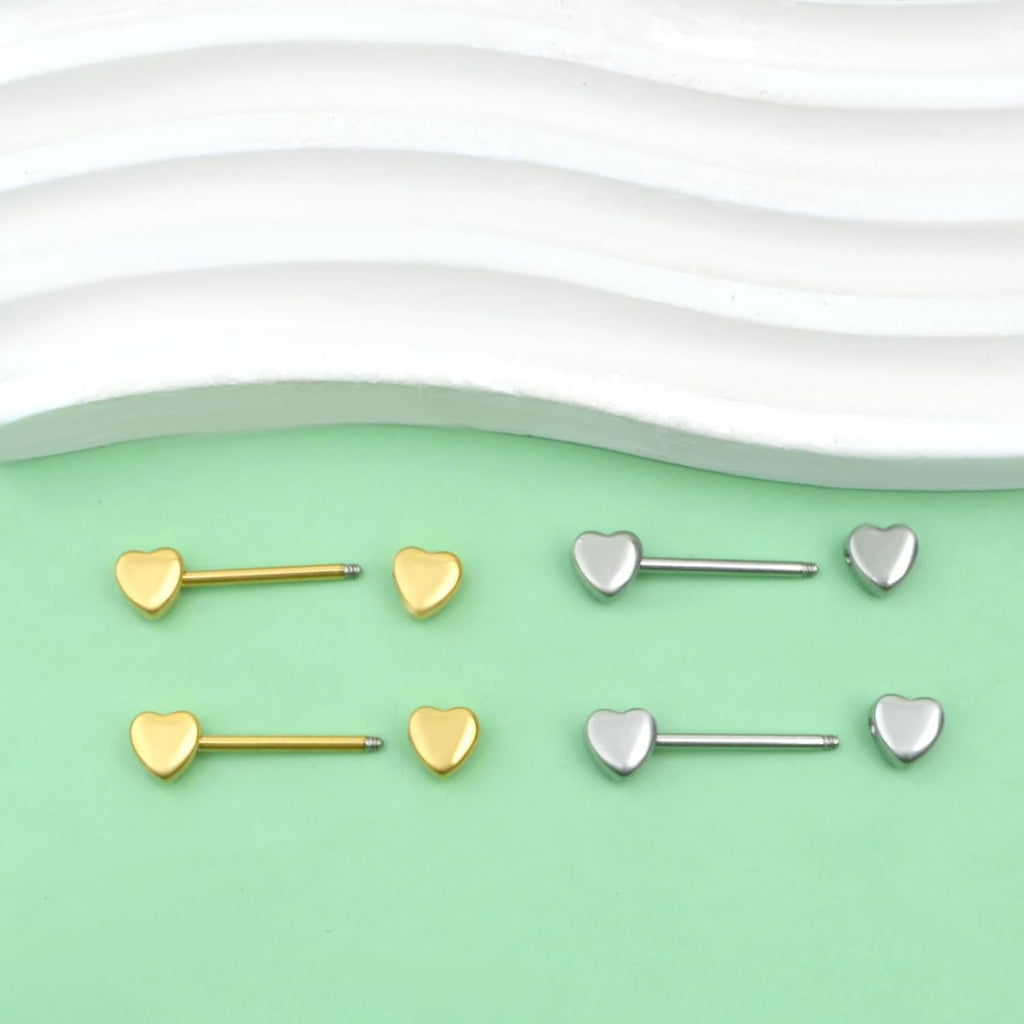 2 Pairs 14G Nipple Rings Minimalist Love Hearts Nipplerings Tongue Rings Stainless Steel Straight Barbells Bridge Piercing Jewelry for Women Men (Gold and Silver)