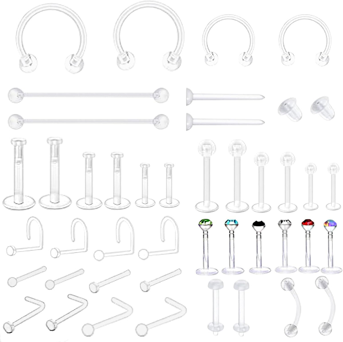 44pcs Clear Piercing Retainers Acrylic Invisible Surgery Nose Rings Stud Lip Cartilage Tragus Labret Ring Studs Rhinestone Jewelry Tongue Barbells Belly Earrings for Daily Wearing Work