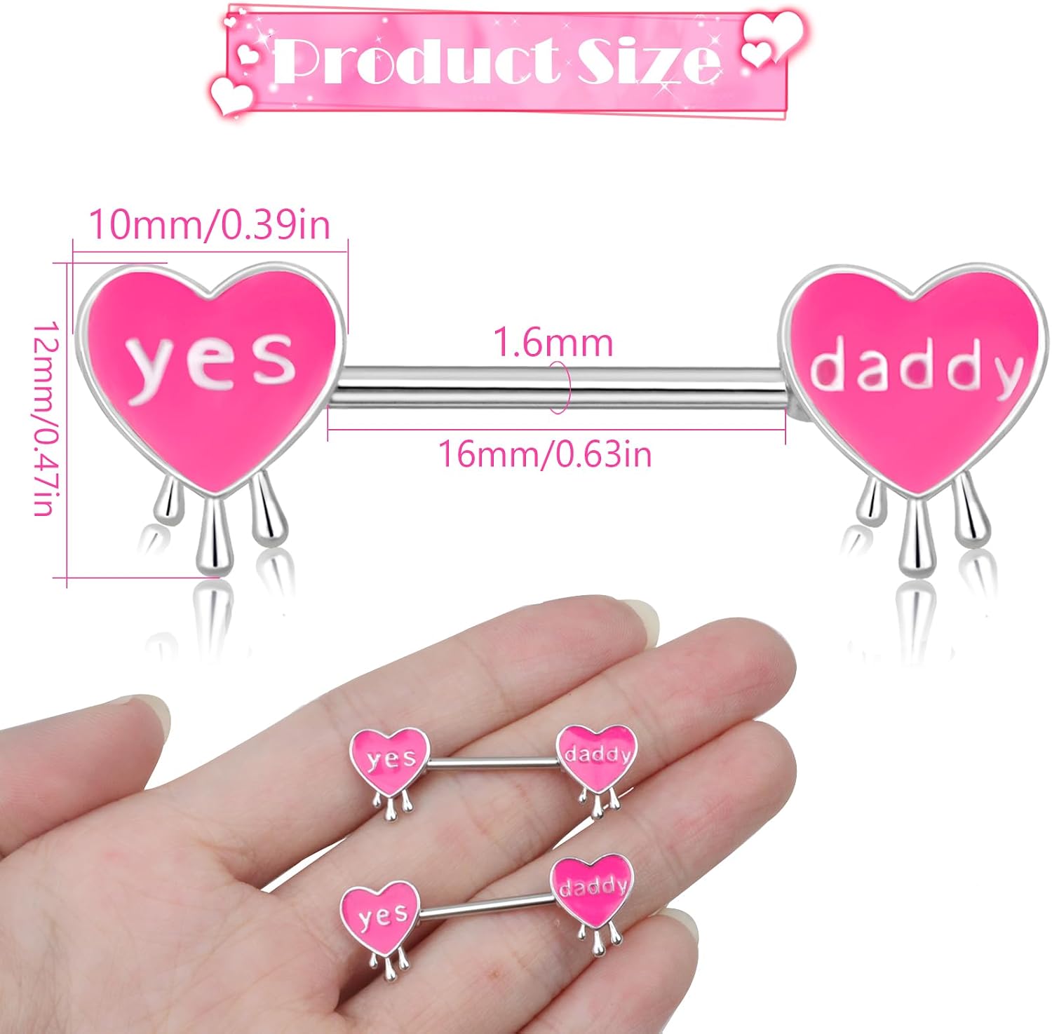 Pink Heart Letter Nipple Rings 14G Stainless Steel Nipple Barbell Cute Love Heart Letters Nipplerings Yes Daddy Naughty Words Body Piercing Jewelry for Women Gifts