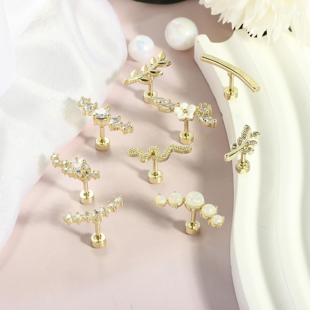 9pcs Flat Back Cartilage Earrings for Women Helix Piercing Jewelry 16G 14K Stainless Steel Opal CZ Conch Daith Tragus Flower Snake Leaf Screw Flat Back Stud Earrings Set for Mother's Day