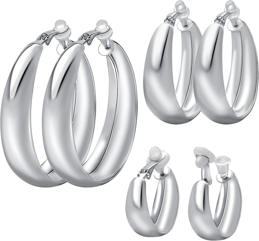 Silver Chunky Clip On Earrings, 3 Pairs, 3 Sizes | Hypoallergenic, C-shaped, No Piercing, Fake Circle Hoops, DIY Earrings Supplies