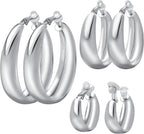 Silver Chunky Clip On Earrings, 3 Pairs, 3 Sizes | Hypoallergenic, C-shaped, No Piercing, Fake Circle Hoops, DIY Earrings Supplies