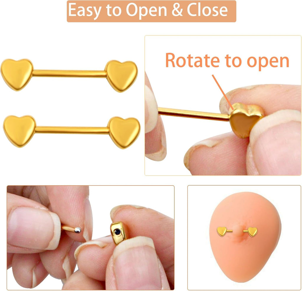 2 Pairs 14G Nipple Rings Minimalist Love Hearts Nipplerings Tongue Rings Stainless Steel Straight Barbells Bridge Piercing Jewelry for Women Men (Gold and Silver)