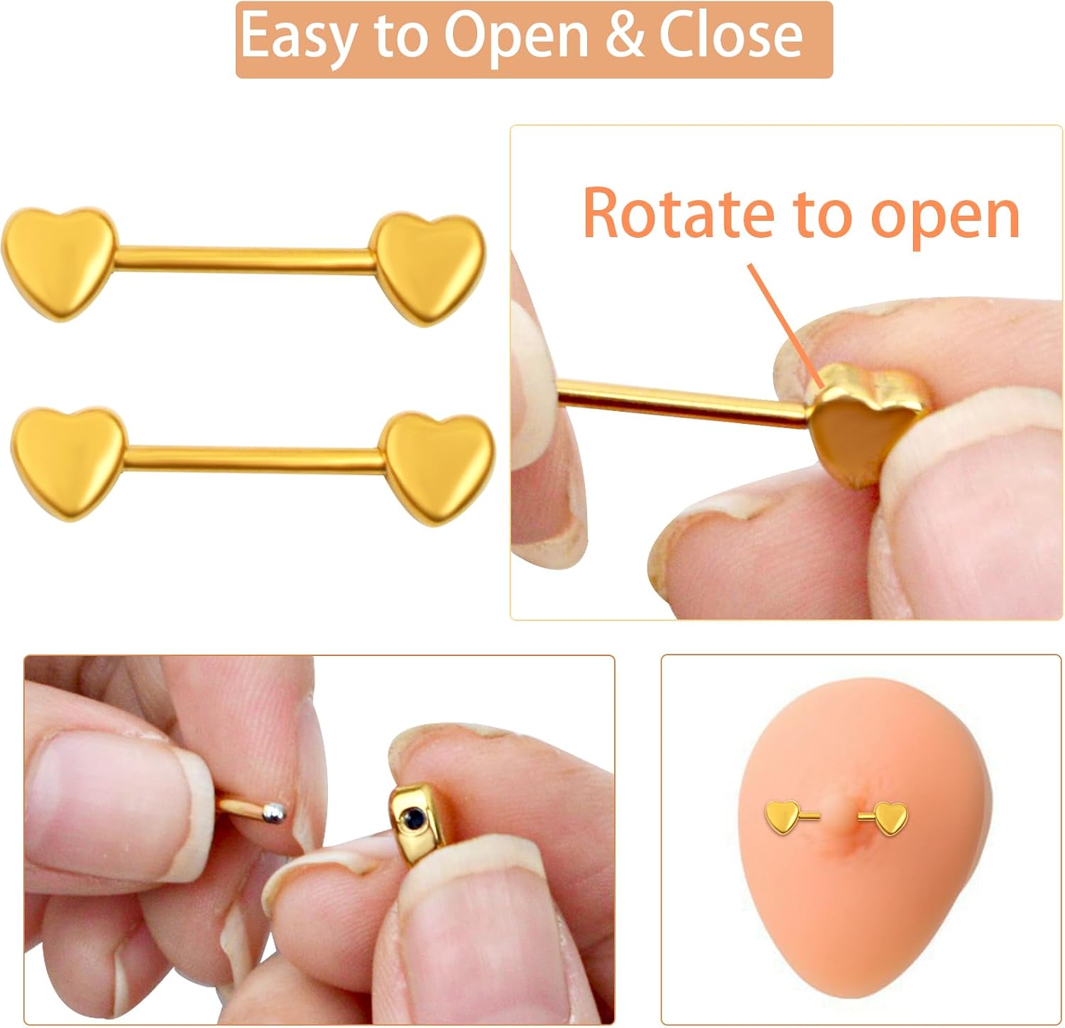 2 Pairs 14G Nipple Rings Minimalist Love Hearts Nipplerings Tongue Rings Stainless Steel Straight Barbells Bridge Piercing Jewelry for Women Men (Gold and Silver)