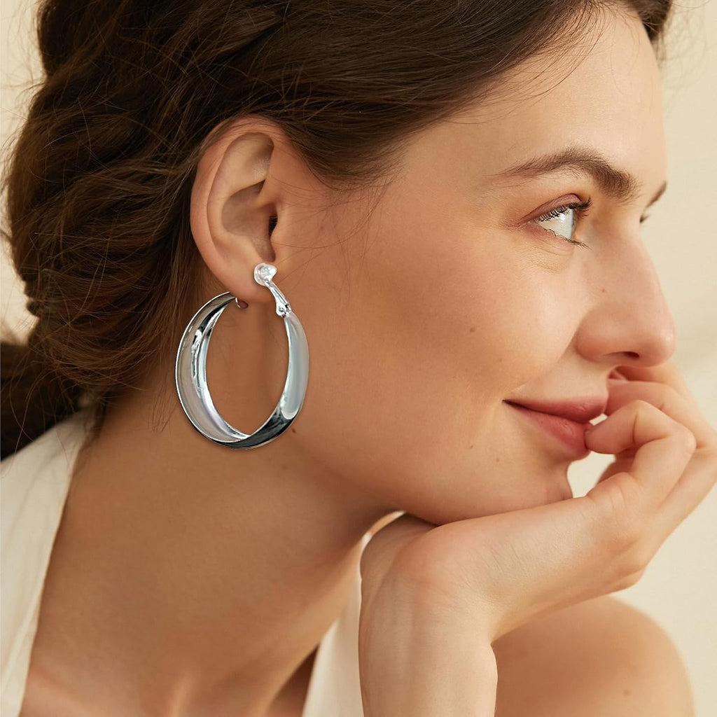 Silver Chunky Clip On Earrings, 3 Pairs, 3 Sizes | Hypoallergenic, C-shaped, No Piercing, Fake Circle Hoops, DIY Earrings Supplies