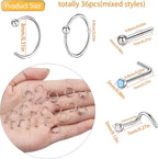 36pcs 20G Stainless Steel Nose Rings Hoop L Shape Nose Studs Screw Bone Hypoallergenic Nostril Surgical Noses Body Piercing Hoops Jewelry Sets for Men Women Birthday Party Gift