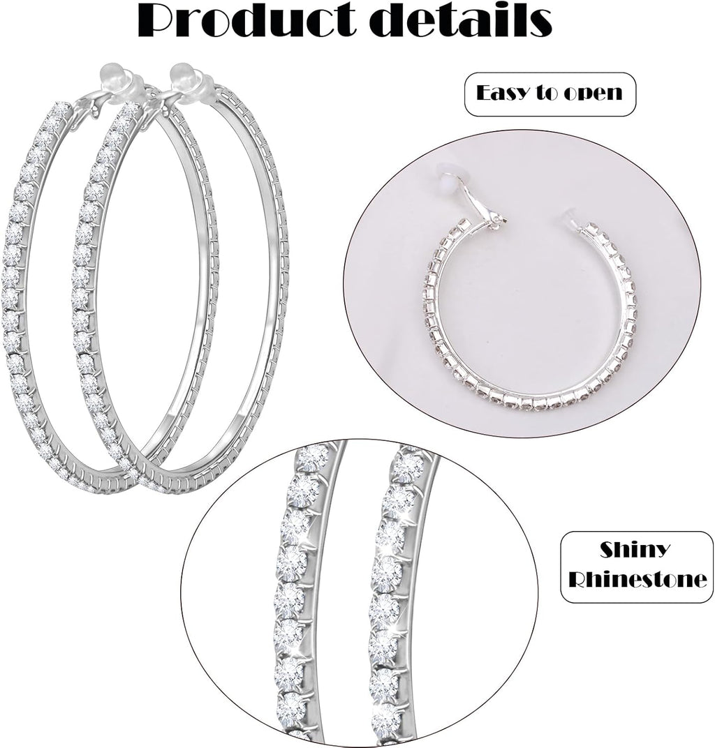 3 Pairs Rhinestone Hoop Clip On Earrings Silver | Sparkling Crystal Rhinestones, Large Non Pierced, DIY Earrings Making, 4.5/5.5/6.5 cm