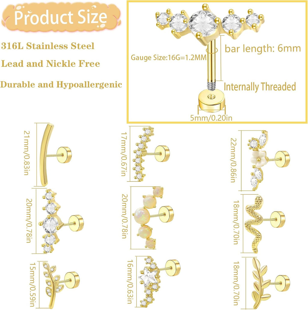 9pcs Flat Back Cartilage Earrings for Women Helix Piercing Jewelry 16G 14K Stainless Steel Opal CZ Conch Daith Tragus Flower Snake Leaf Screw Flat Back Stud Earrings Set for Mother's Day