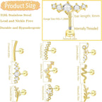 9pcs Flat Back Cartilage Earrings for Women Helix Piercing Jewelry 16G 14K Stainless Steel Opal CZ Conch Daith Tragus Flower Snake Leaf Screw Flat Back Stud Earrings Set for Mother's Day