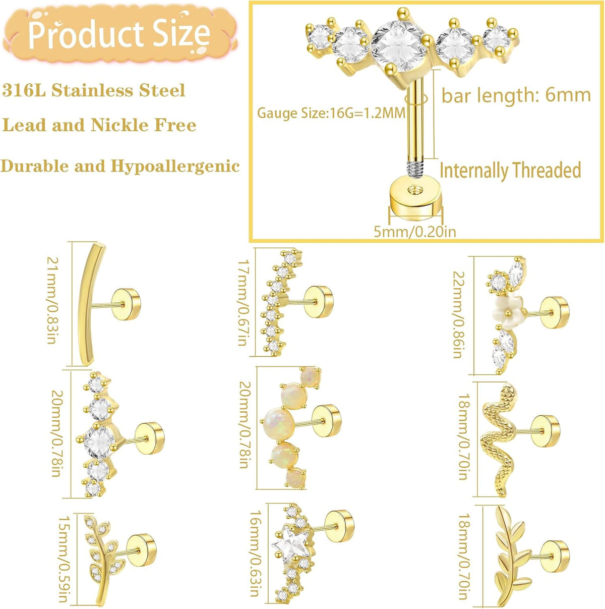 9pcs Flat Back Cartilage Earrings for Women Helix Piercing Jewelry 16G 14K Stainless Steel Opal CZ Conch Daith Tragus Flower Snake Leaf Screw Flat Back Stud Earrings Set for Mother's Day