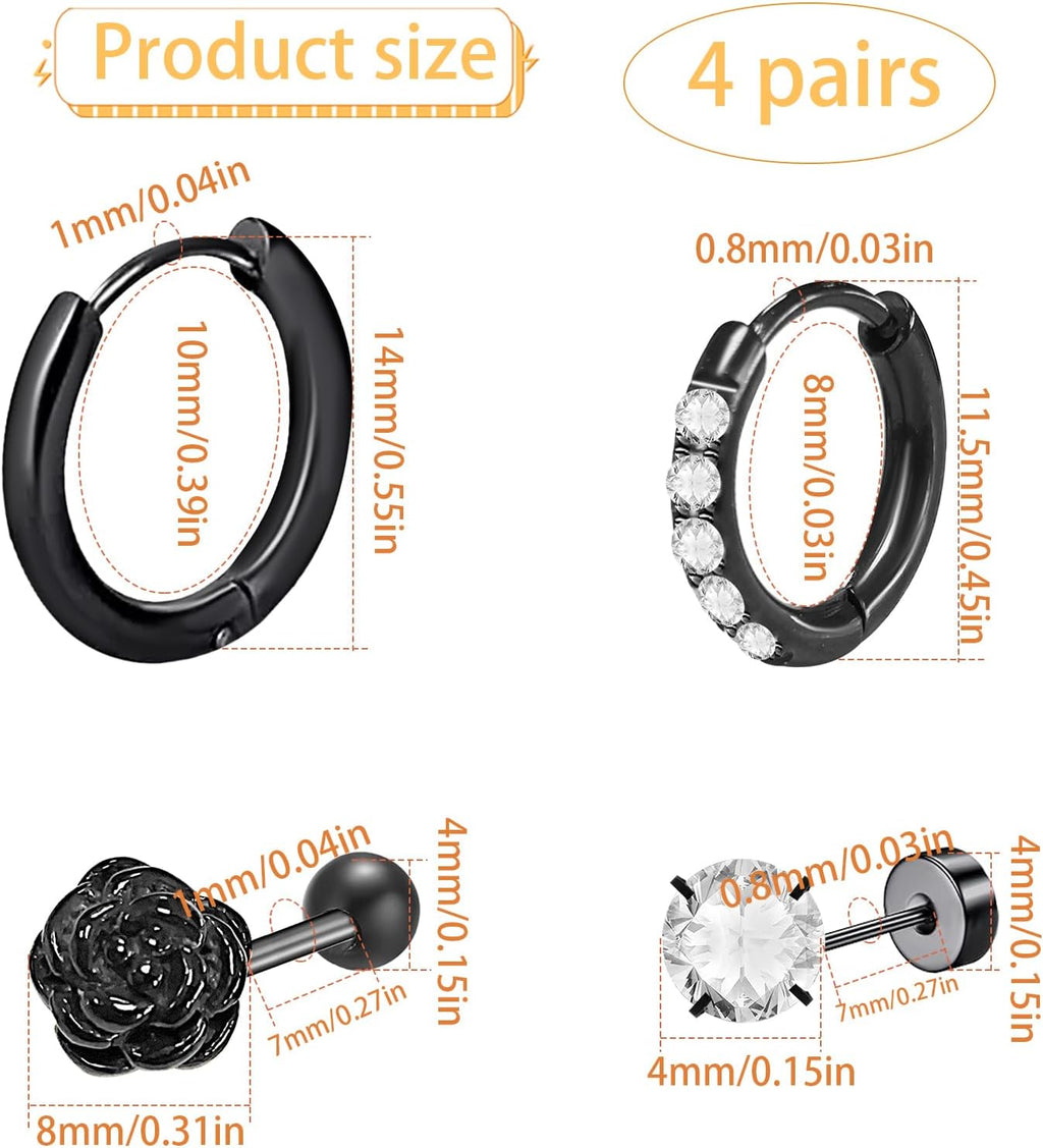4 Pairs Hypoallergenic Flat Black Rose Studs Surgical Stainless Steel CZ Studs Small Hoop Cartilage Earring Sets for Women Sensitive Ears Earring Stacks Multiple Piercings
