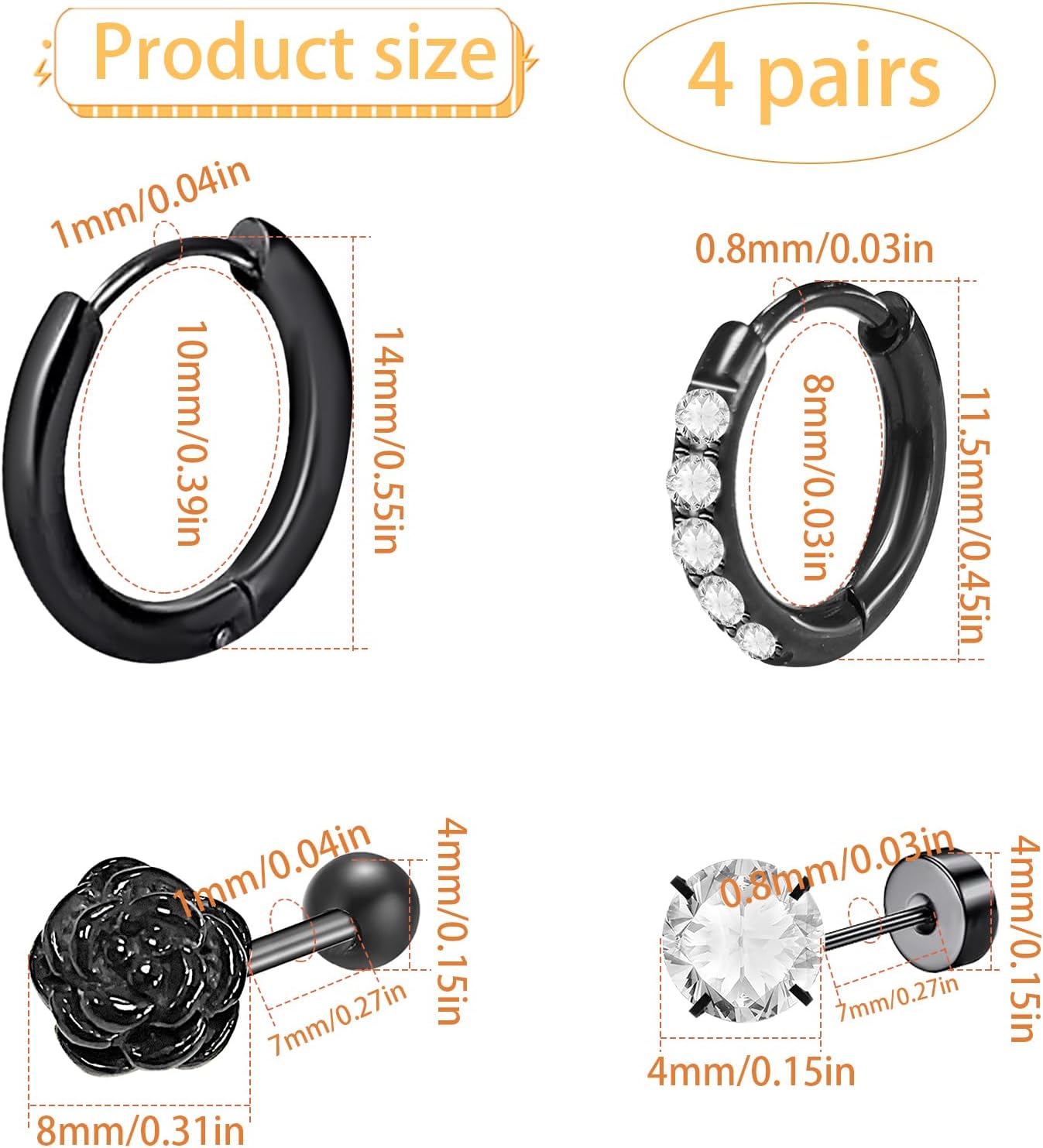4 Pairs Hypoallergenic Flat Black Rose Studs Surgical Stainless Steel CZ Studs Small Hoop Cartilage Earring Sets for Women Sensitive Ears Earring Stacks Multiple Piercings