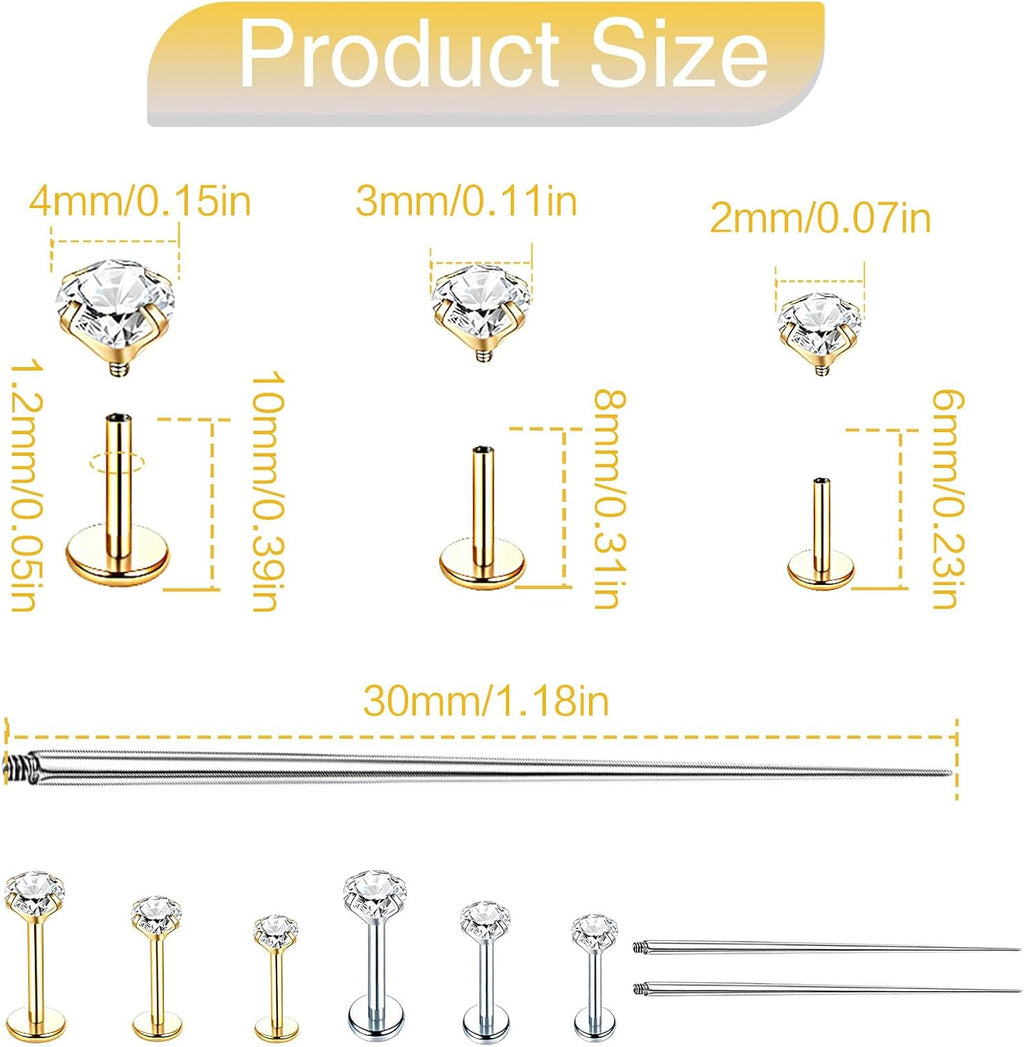 6 Pairs 16G Stainless Steel Labret Internally Threaded Lip Nose Piercing Studs Flat Back Medusa Conch Tragus Cartilage Helix Body Piercing Jewelry Earring Studs for Women Men
