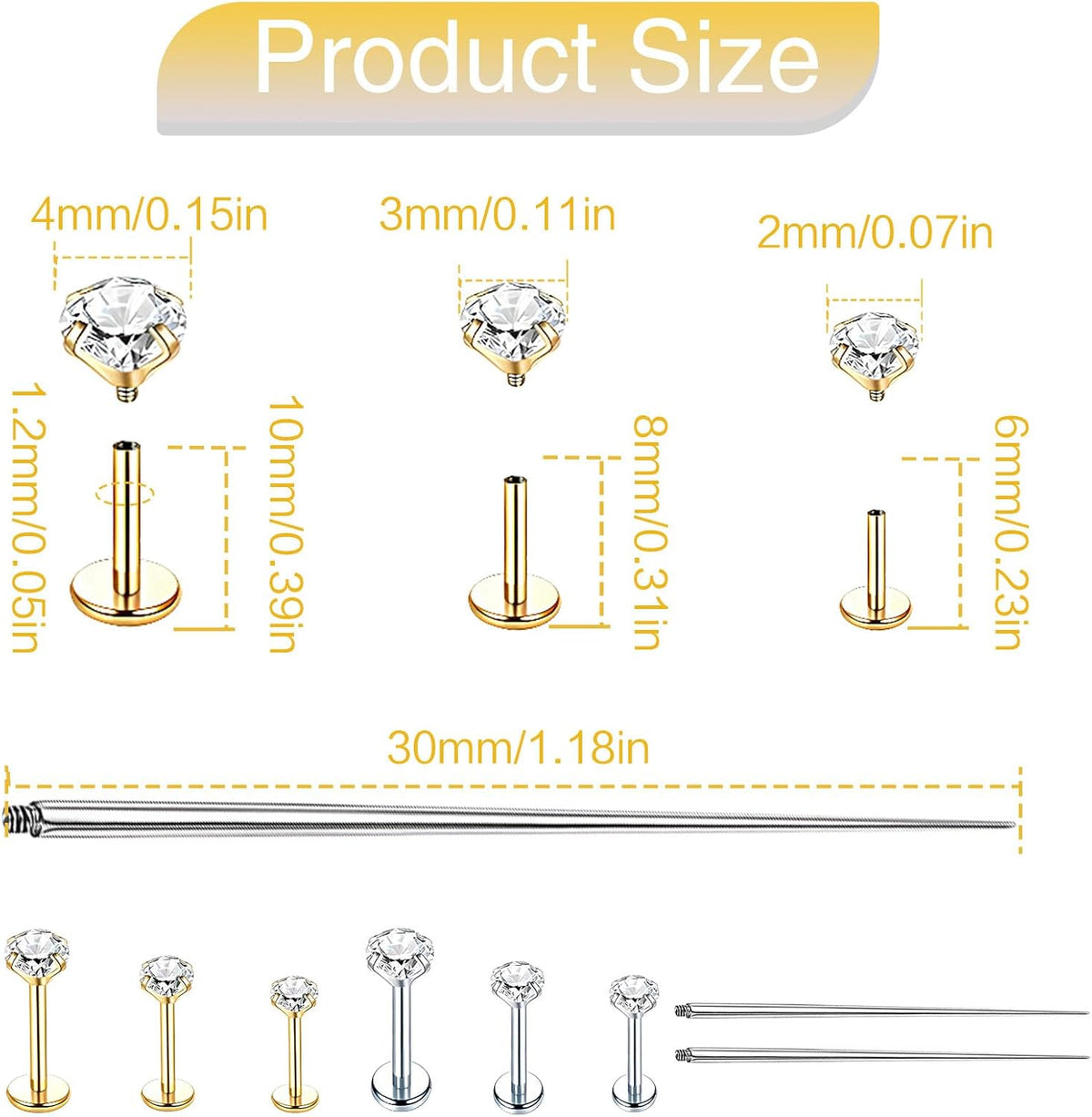 6 Pairs 16G Stainless Steel Labret Internally Threaded Lip Nose Piercing Studs Flat Back Medusa Conch Tragus Cartilage Helix Body Piercing Jewelry Earring Studs for Women Men