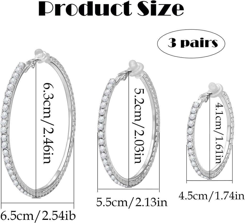 3 Pairs Rhinestone Hoop Clip On Earrings Silver | Sparkling Crystal Rhinestones, Large Non Pierced, DIY Earrings Making, 4.5/5.5/6.5 cm