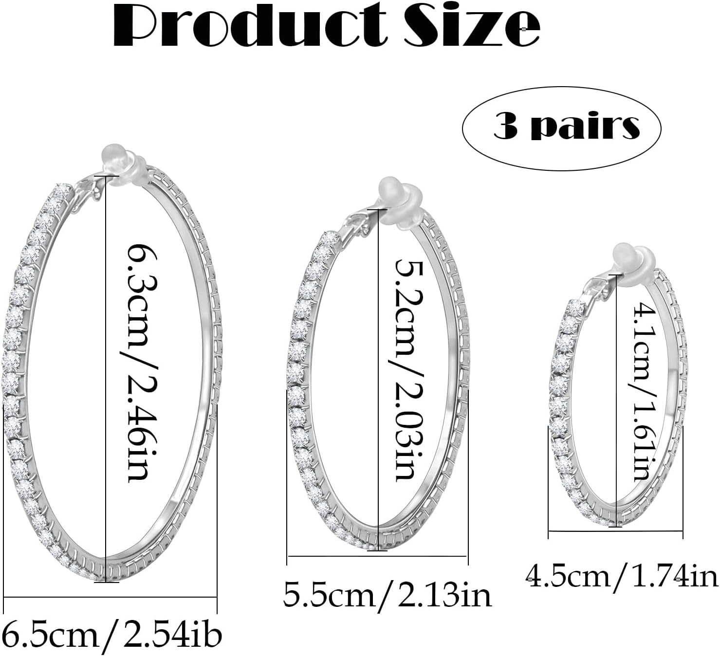 3 Pairs Rhinestone Hoop Clip On Earrings Silver | Sparkling Crystal Rhinestones, Large Non Pierced, DIY Earrings Making, 4.5/5.5/6.5 cm