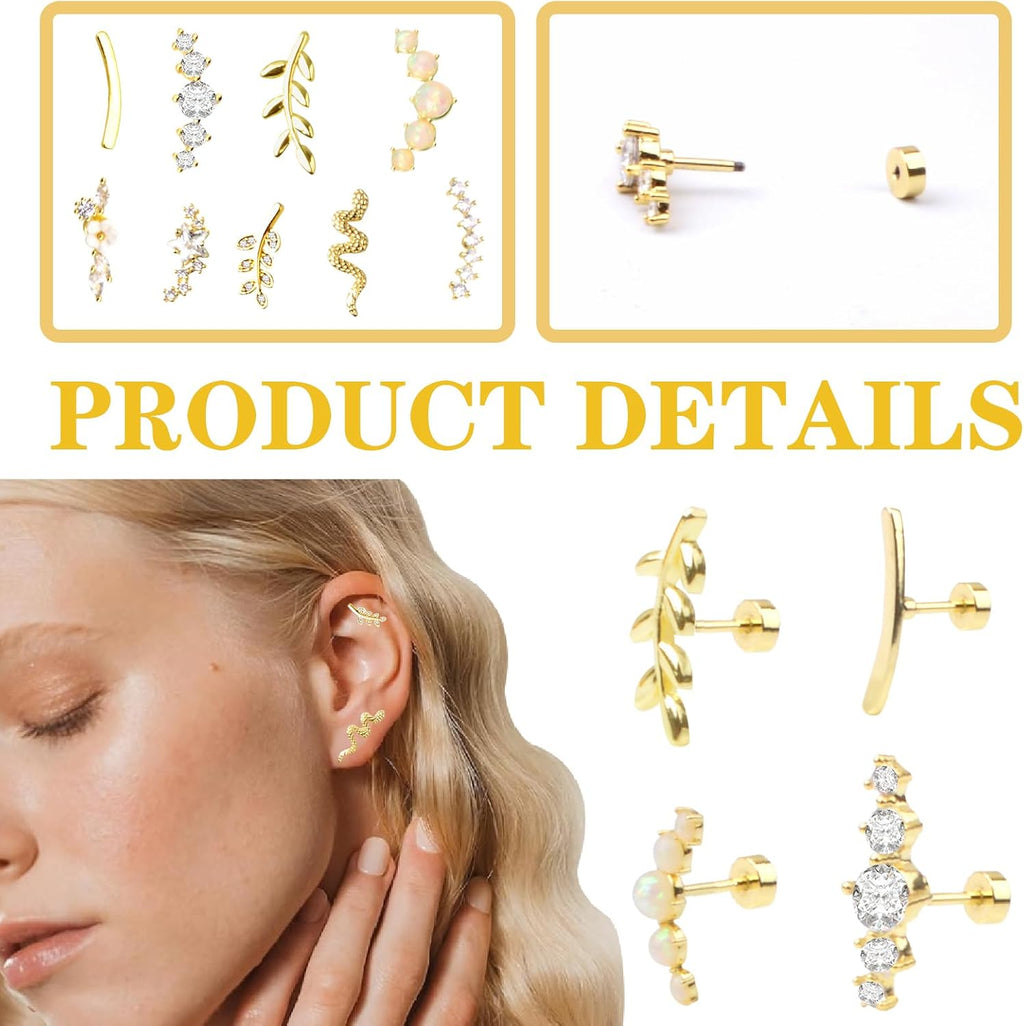 9pcs Flat Back Cartilage Earrings for Women Helix Piercing Jewelry 16G 14K Stainless Steel Opal CZ Conch Daith Tragus Flower Snake Leaf Screw Flat Back Stud Earrings Set for Mother's Day