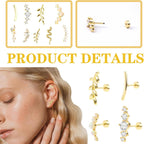 9pcs Flat Back Cartilage Earrings for Women Helix Piercing Jewelry 16G 14K Stainless Steel Opal CZ Conch Daith Tragus Flower Snake Leaf Screw Flat Back Stud Earrings Set for Mother's Day