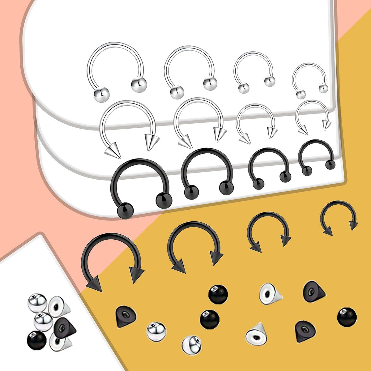 16pcs 16G Horseshoe Rings Surgical Steel Nose Septum Horseshoes Hoop Earring Eyebrow Tragus Smiley Lip Rings Stainless Steel Daith Helix Piercing Jewelry for Women Men, 6/8/10/12 mm