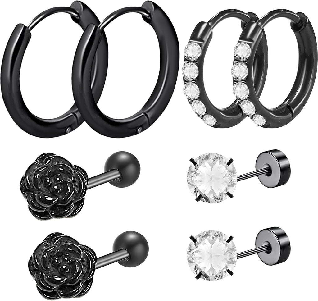 4 Pairs Hypoallergenic Flat Black Rose Studs Surgical Stainless Steel CZ Studs Small Hoop Cartilage Earring Sets for Women Sensitive Ears Earring Stacks Multiple Piercings