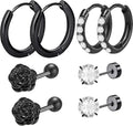 4 Pairs Hypoallergenic Flat Black Rose Studs Surgical Stainless Steel CZ Studs Small Hoop Cartilage Earring Sets for Women Sensitive Ears Earring Stacks Multiple Piercings