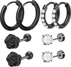 4 Pairs Flat Black Rose Studs Surgical Stainless Steel CZ Stud Small Hoop Cartilage Earring Sets for Women Sensitive Ears Earring Stacks Multiple Piercings
