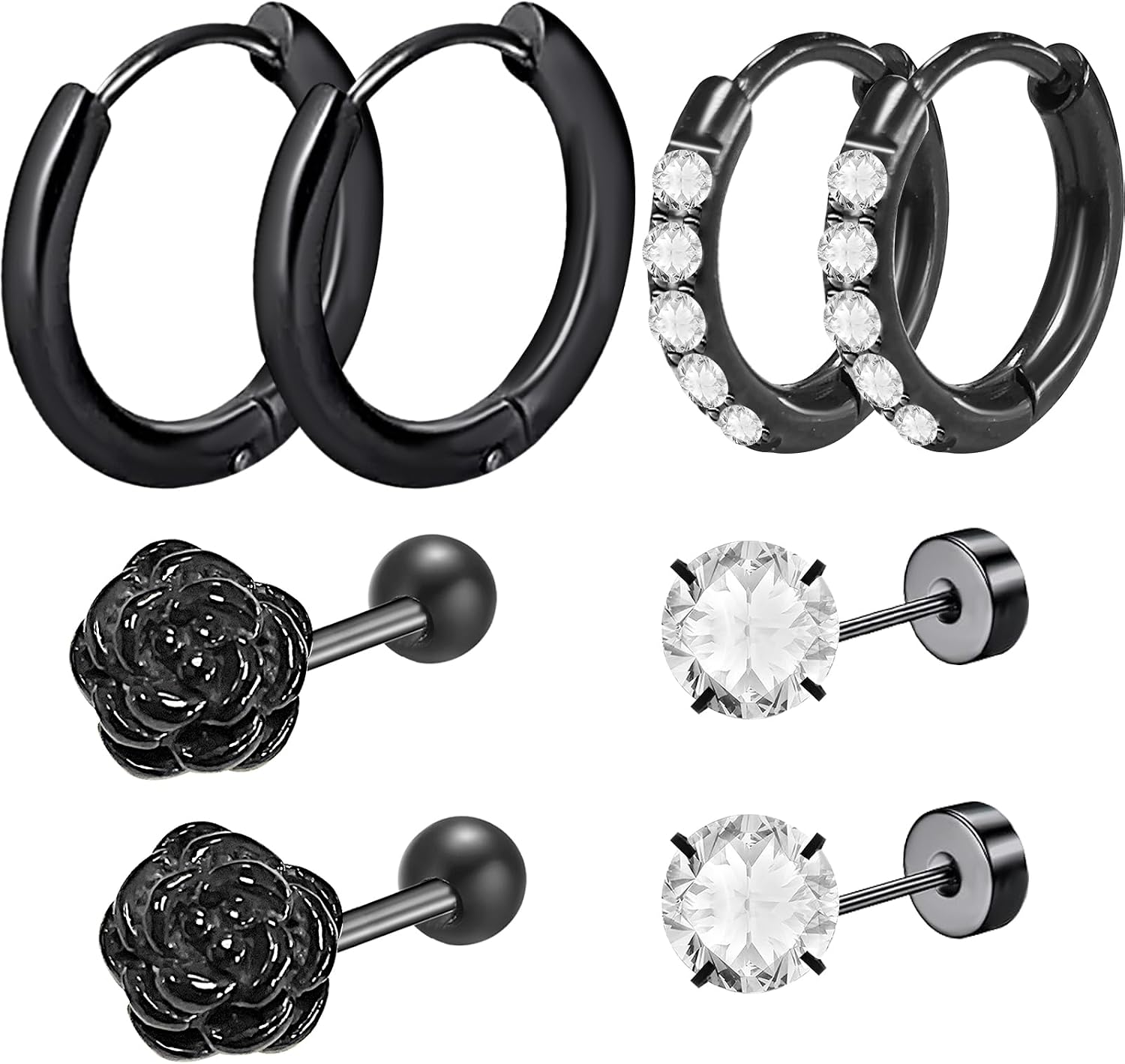 4 Pairs Hypoallergenic Flat Black Rose Studs Surgical Stainless Steel CZ Studs Small Hoop Cartilage Earring Sets for Women Sensitive Ears Earring Stacks Multiple Piercings