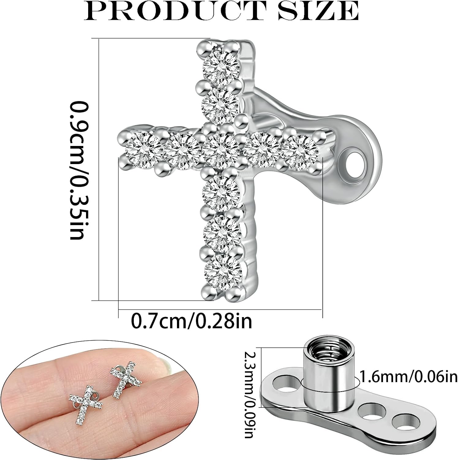 2pcs 14G Cross Dermal Anchor Tops and Base Stainless Steel Cubic Zirconia Internally Threaded Microdermals Body Piercings Crucifix Studs Skin Body Piercings Jewelry for Women Men