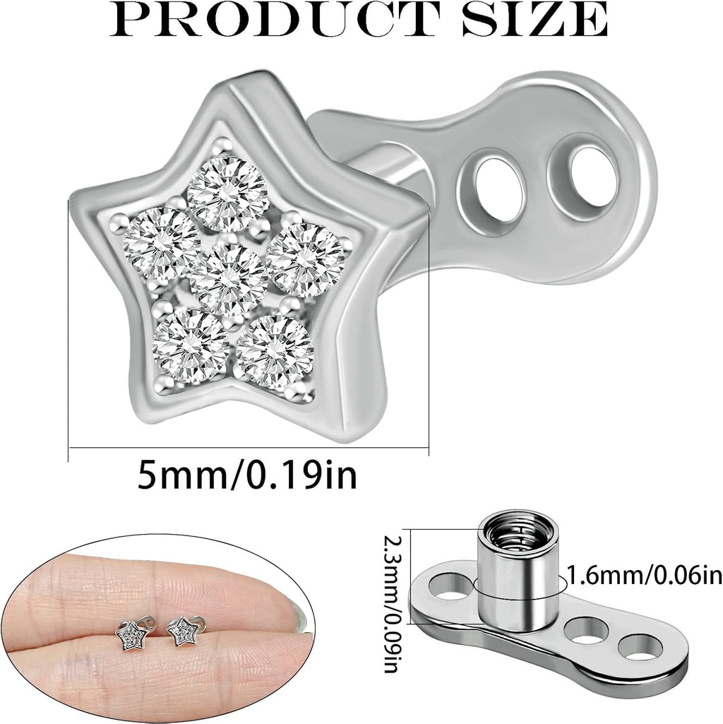 2pcs 14G Titanium Steel CZ Dermal Anchor Tops and Base Star-Shaped Cubic Zirconia Internally Threaded Microdermals Skin Body Piercings Jewelry Gift for Men Women