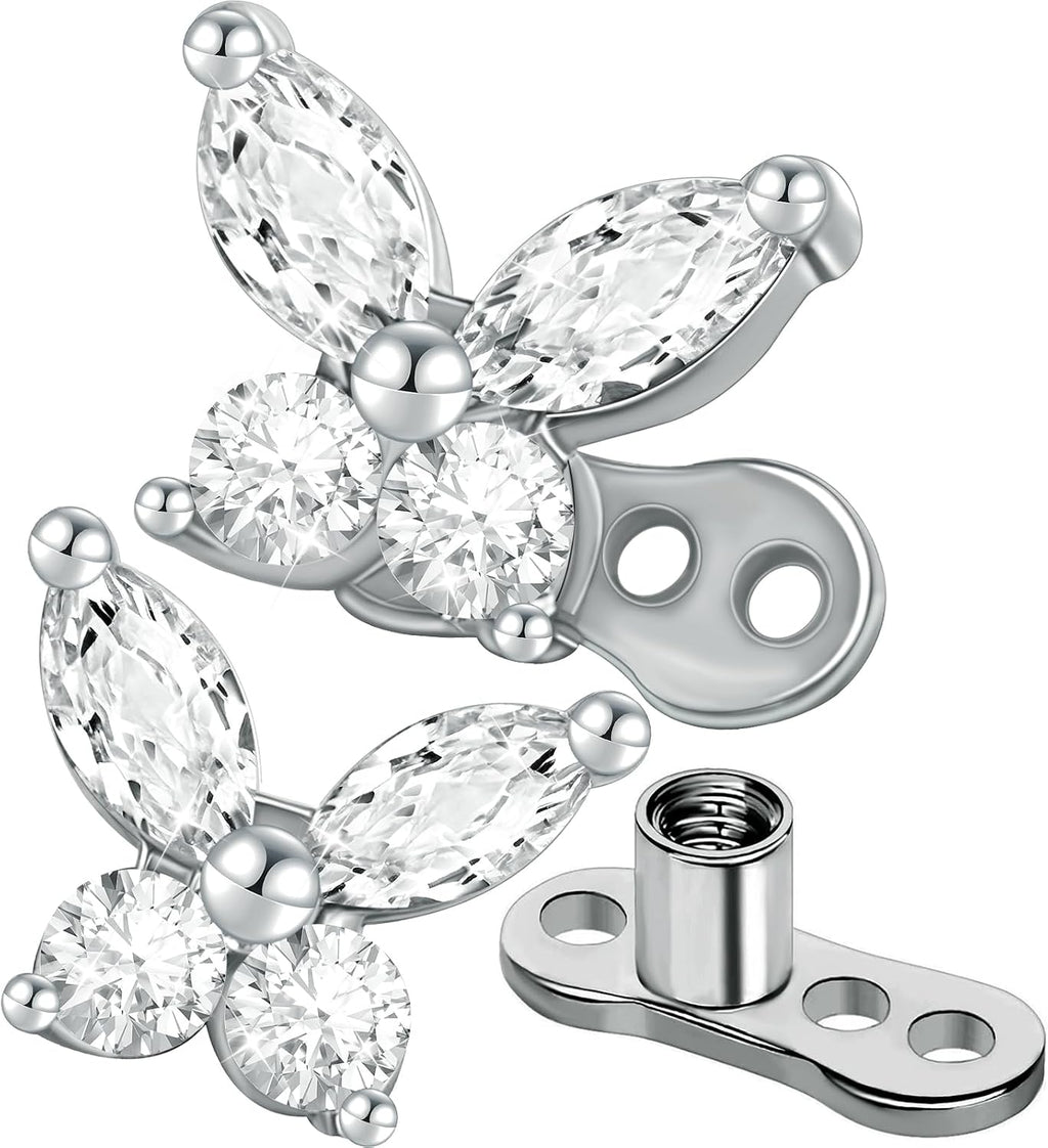 2 Pieces Butterfly G23 Titanium Dermal Anchor Tops and Base 14G Surgical Steel CZ Crystal Microdermals Body Piercings Personalized Jewelry Gift for Women Men