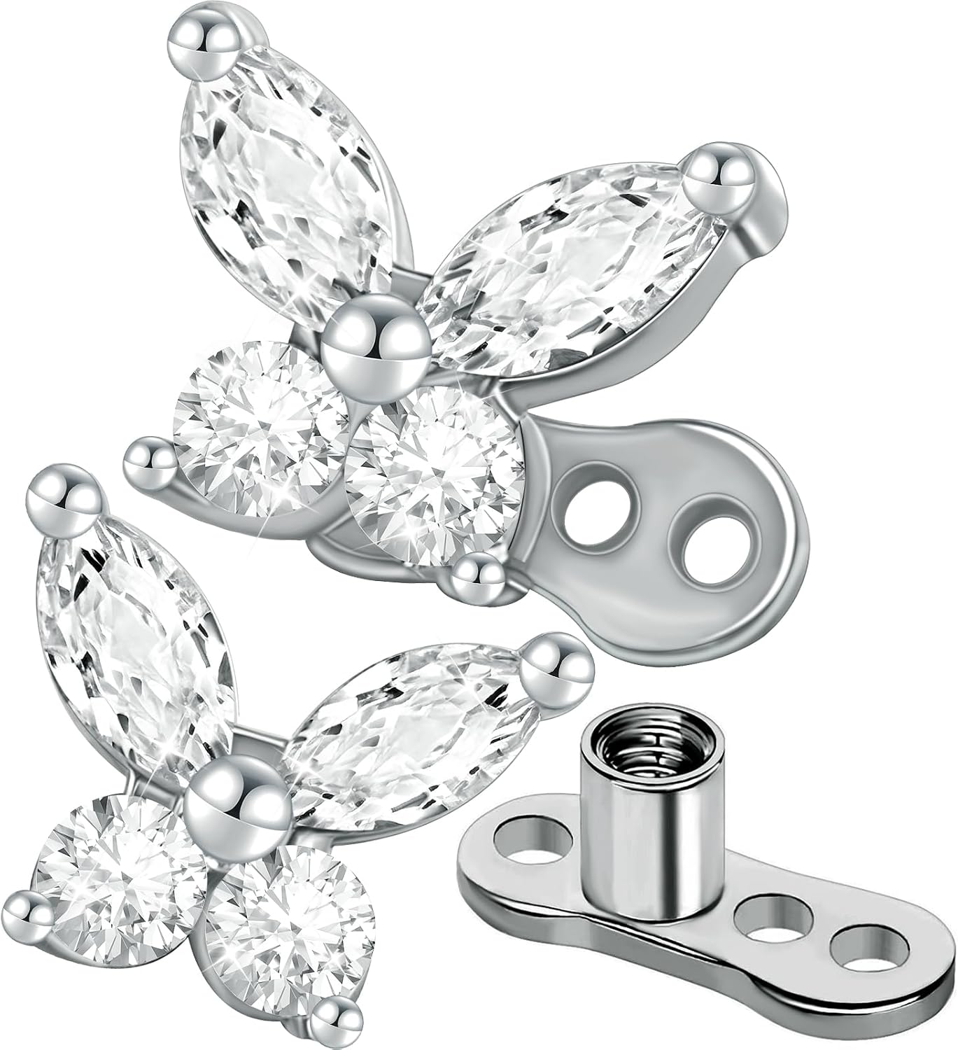 2 Pieces Butterfly G23 Titanium Dermal Anchor Tops and Base 14G Surgical Steel CZ Crystal Microdermals Body Piercings Personalized Jewelry Gift for Women Men