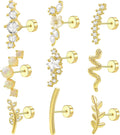 9pcs Flat Back Cartilage Earrings for Women Helix Piercing Jewelry 16G 14K Stainless Steel Opal CZ Conch Daith Tragus Flower Snake Leaf Screw Flat Back Stud Earrings Set for Mother's Day