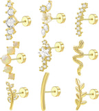 9pcs Flat Back Cartilage Earrings for Women Helix Piercing Jewelry 16G 14K Stainless Steel Opal CZ Conch Daith Tragus Flower Snake Leaf Screw Flat Back Stud Earrings Set for Mother's Day