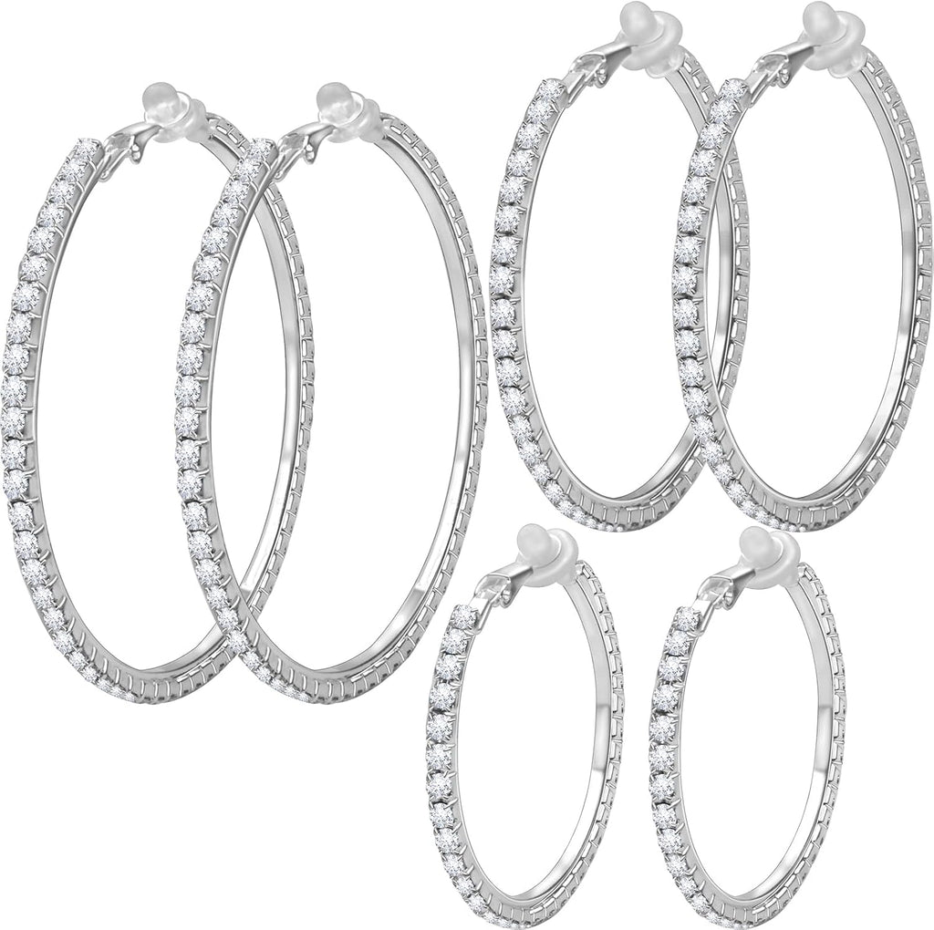 3 Pairs Rhinestone Hoop Clip On Earrings Silver | Sparkling Crystal Rhinestones, Large Non Pierced, DIY Earrings Making, 4.5/5.5/6.5 cm