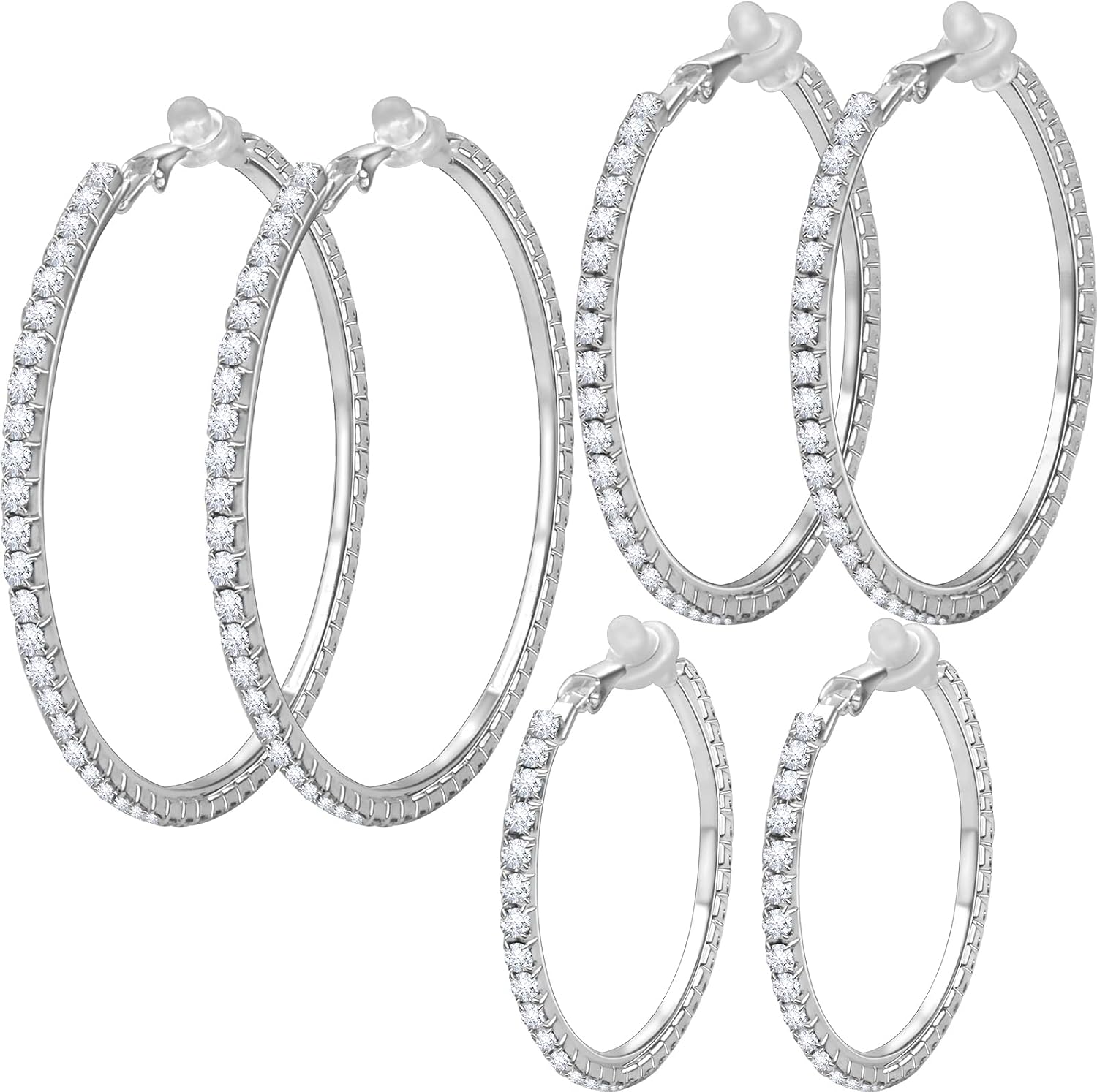 3 Pairs Rhinestone Hoop Clip On Earrings Silver | Sparkling Crystal Rhinestones, Large Non Pierced, DIY Earrings Making, 4.5/5.5/6.5 cm
