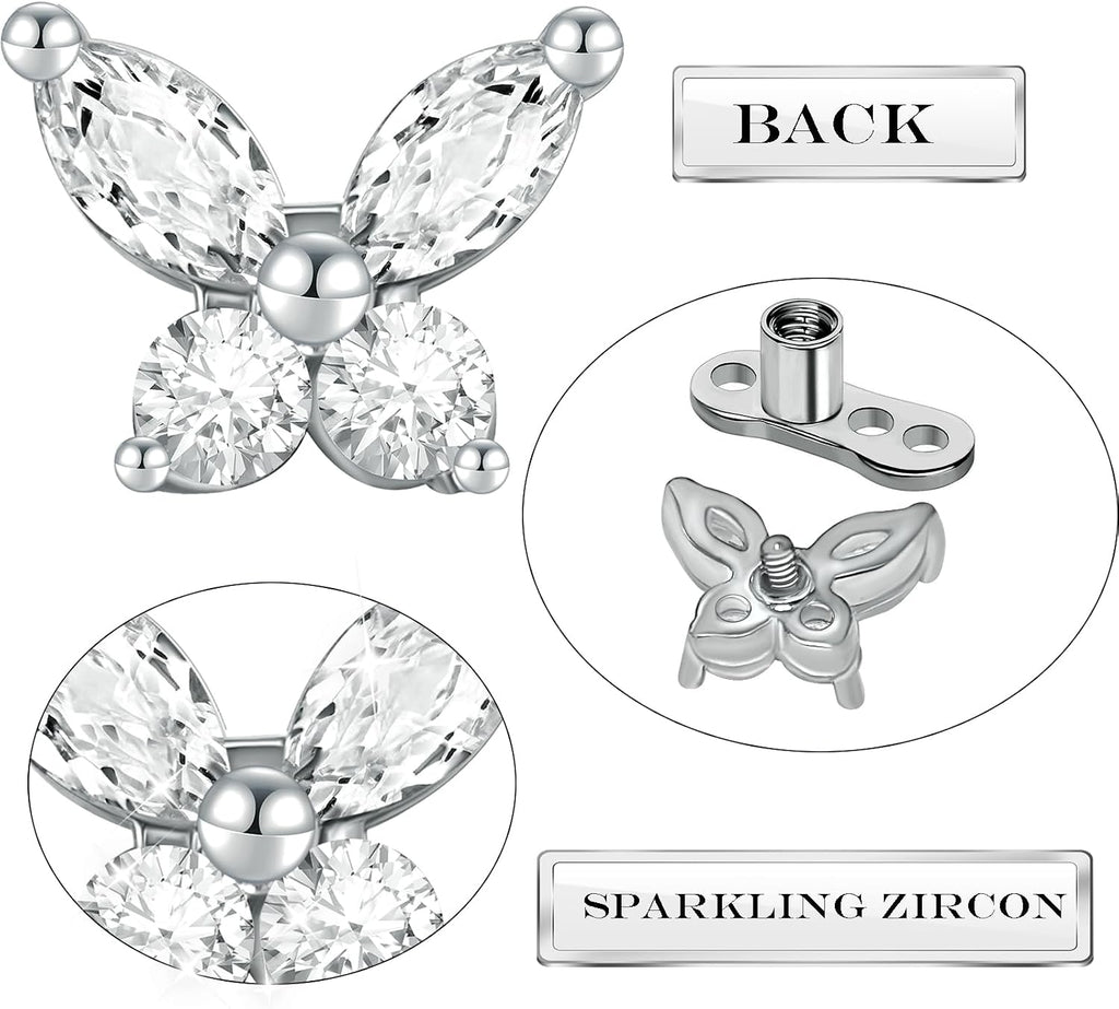 2 Pieces Butterfly G23 Titanium Dermal Anchor Tops and Base 14G Surgical Steel CZ Crystal Microdermals Body Piercings Personalized Jewelry Gift for Women Men