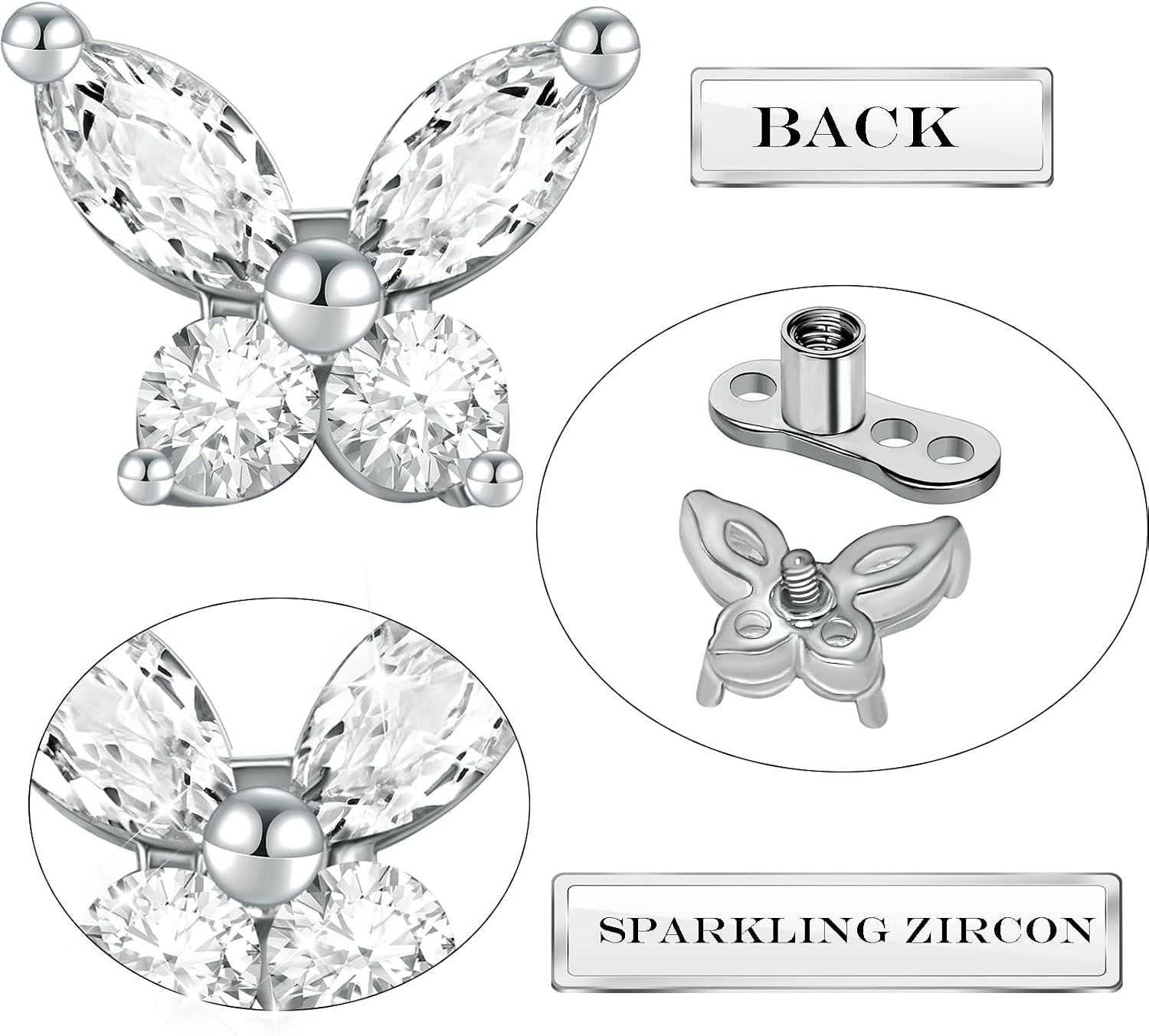 2 Pieces Butterfly G23 Titanium Dermal Anchor Tops and Base 14G Surgical Steel CZ Crystal Microdermals Body Piercings Personalized Jewelry Gift for Women Men