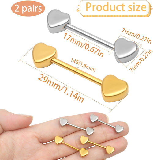 2 Pairs 14G Nipple Rings Minimalist Love Hearts Nipplerings Tongue Rings Stainless Steel Straight Barbells Bridge Piercing Jewelry for Women Men (Gold and Silver)