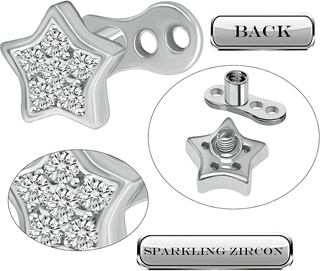 2pcs 14G Titanium Steel CZ Dermal Anchor Tops and Base Star-Shaped Cubic Zirconia Internally Threaded Microdermals Skin Body Piercings Jewelry Gift for Men Women