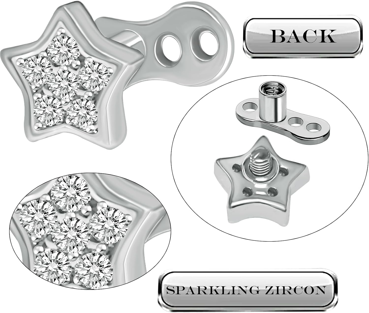 2pcs 14G Titanium Steel CZ Dermal Anchor Tops and Base Star-Shaped Cubic Zirconia Internally Threaded Microdermals Skin Body Piercings Jewelry Gift for Men Women