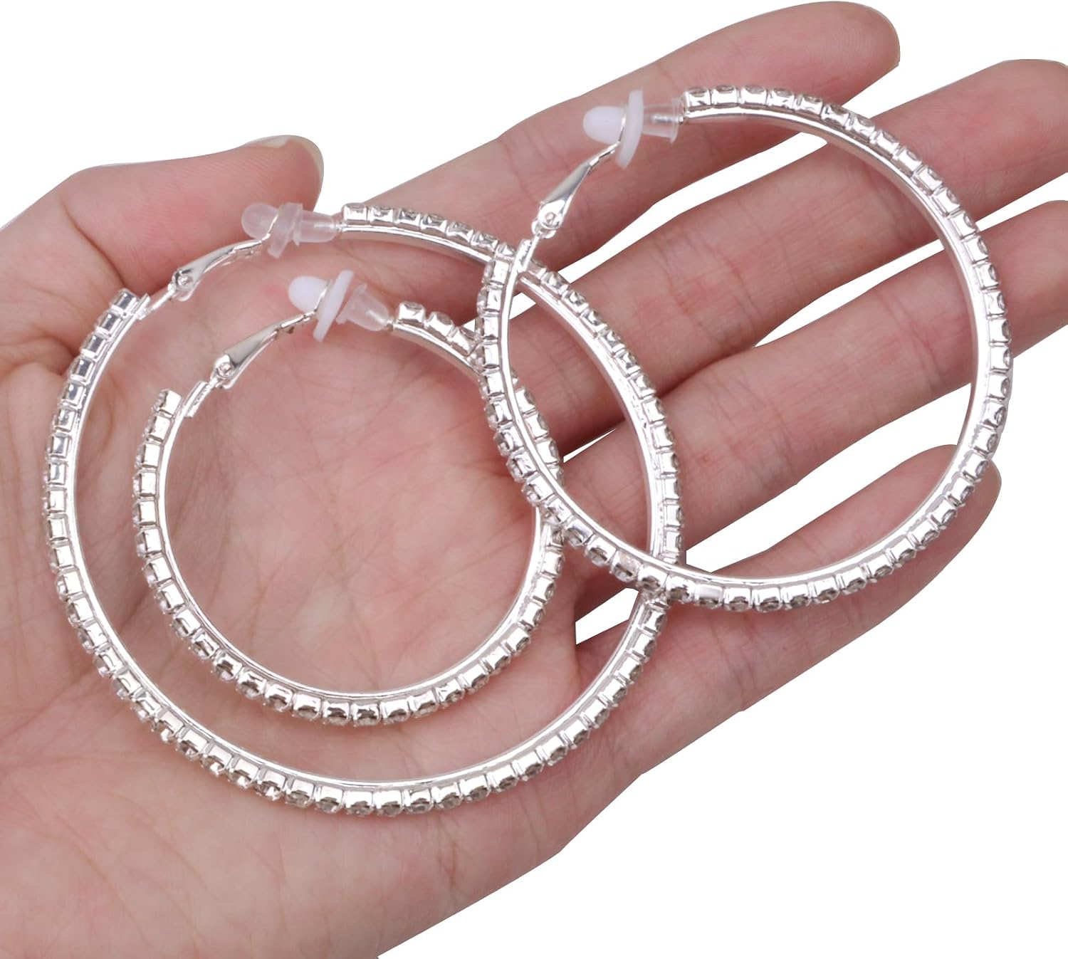 3 Pairs Rhinestone Hoop Clip On Earrings Silver | Sparkling Crystal Rhinestones, Large Non Pierced, DIY Earrings Making, 4.5/5.5/6.5 cm