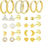 11 Pairs 0.8mm Hypoallergenic Flat Back Earrings Golden Stainles Steel Star Moon Earring Studs Huggie Hoop Cartilage Earrings Set for Earring Stacks Multiple Piercing Jewelry