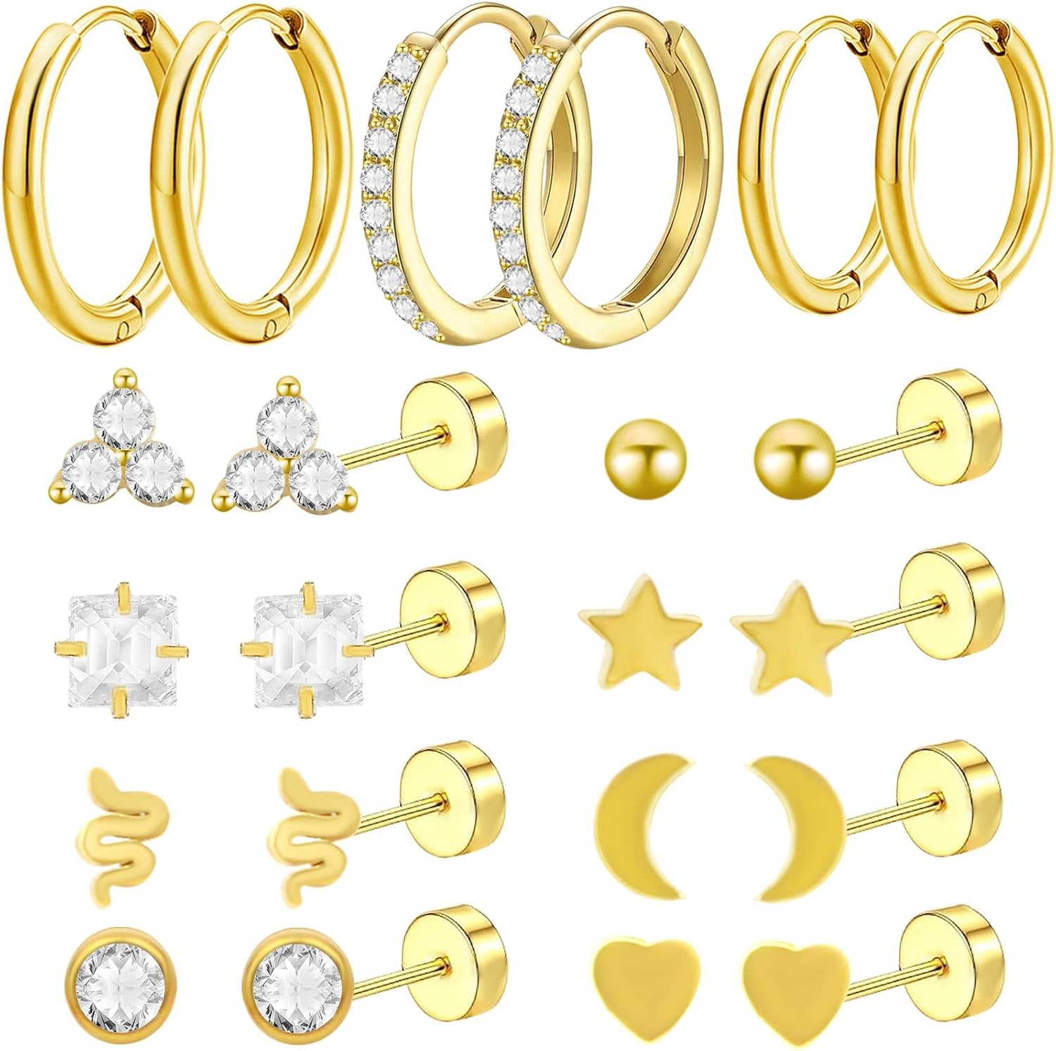 11 Pairs 0.8mm Hypoallergenic Flat Back Earrings Golden Surgical Steel Star Moon Earring Studs Huggie Hoop Cartilage Earrings Set for Women Earring Stacks Multiple Piercing Jewelry