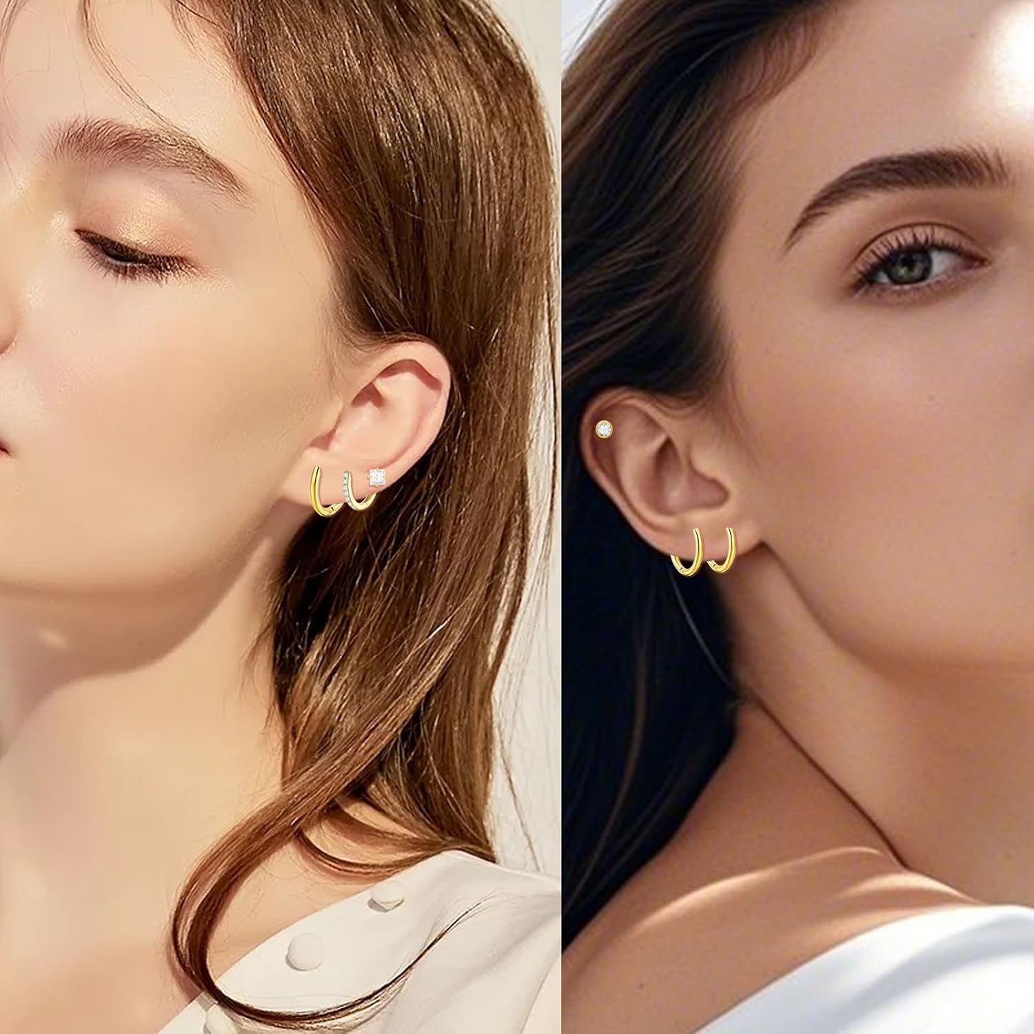 11 Pairs 0.8mm Hypoallergenic Flat Back Earrings Golden Stainles Steel Star Moon Earring Studs Huggie Hoop Cartilage Earrings Set for Earring Stacks Multiple Piercing Jewelry