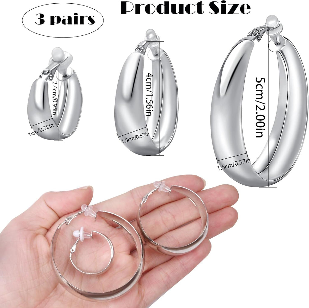 Silver Chunky Clip On Earrings, 3 Pairs, 3 Sizes | Hypoallergenic, C-shaped, No Piercing, Fake Circle Hoops, DIY Earrings Supplies