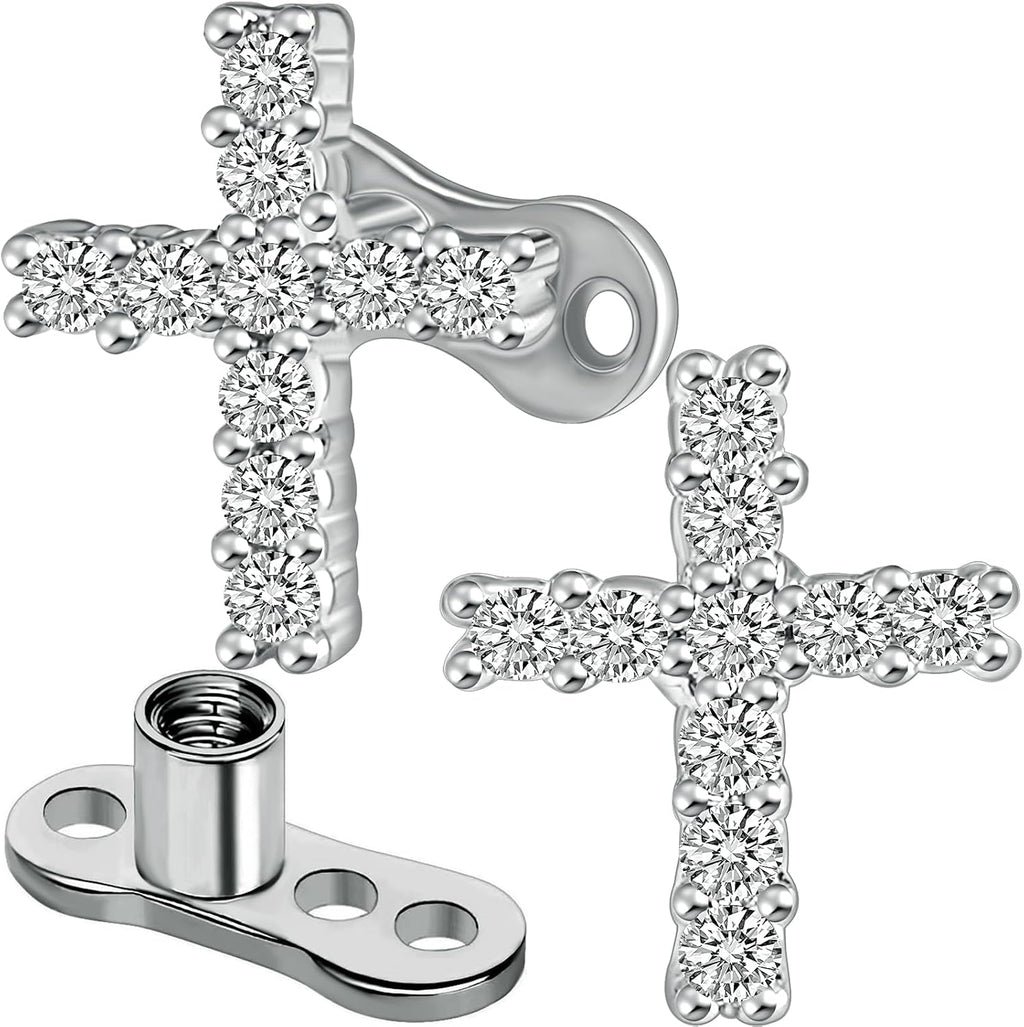 2pcs 14G Cross Dermal Anchor Tops and Base Stainless Steel Cubic Zirconia Internally Threaded Microdermals Body Piercings Crucifix Studs Skin Body Piercings Jewelry for Women Men